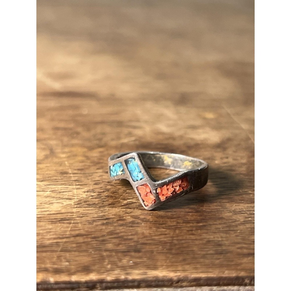 Antique Vtg Turquoise And Coral Crushed Stone Ring Sterling Silver Southwestern - Picture 2 of 5
